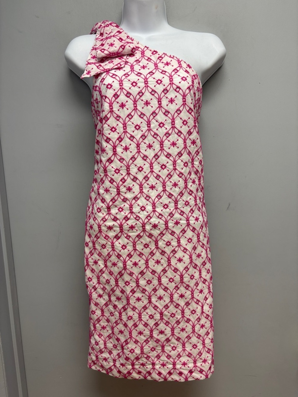 J.Crew One-Shoulder Bow Eyelet Embroidered Dress White Pink Size 2 - Picture 4 of 16